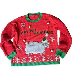 Joyland Ugly Christmas Sweater Red Bahhh Humbug Sheep Size Large